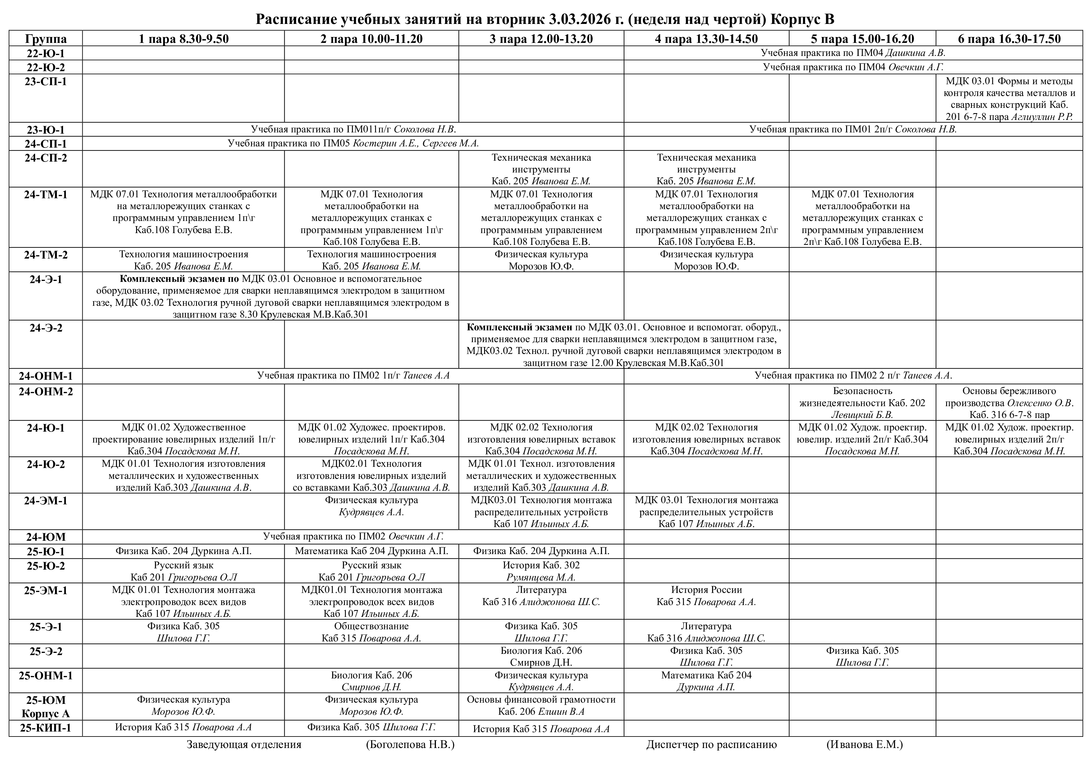 Корпус В - расписание